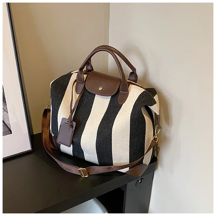 Classic Striped Pattern Shoulder Bag Simple All-Match Large Capacity Handle Satchel Bag Portable Short Travel Commuting Bag Lady