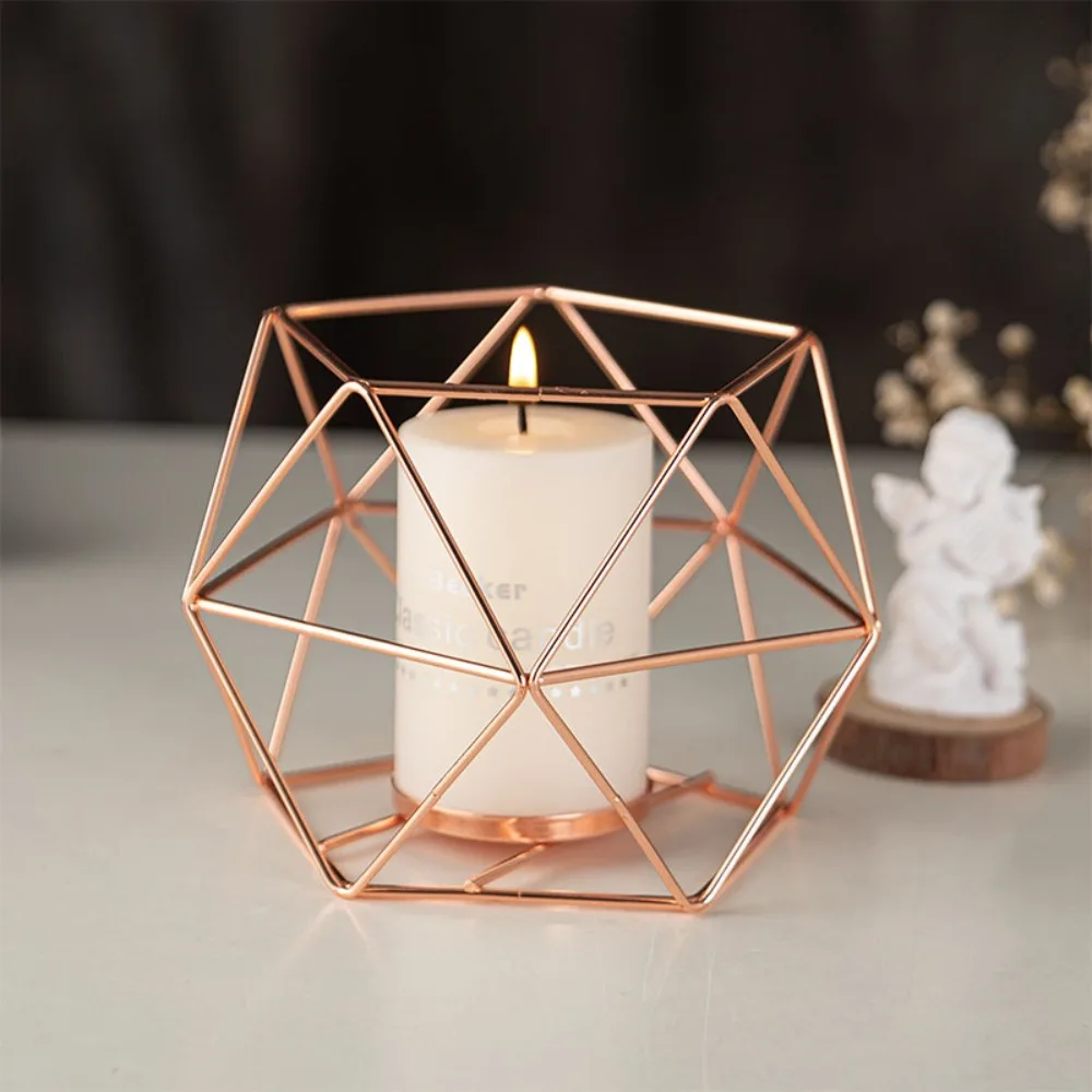 Metal Polygonal Candle Holder Art Geometric Iron Hollow Candlestick Decorative Crafts Ornaments Desktop Light Holder Christmas