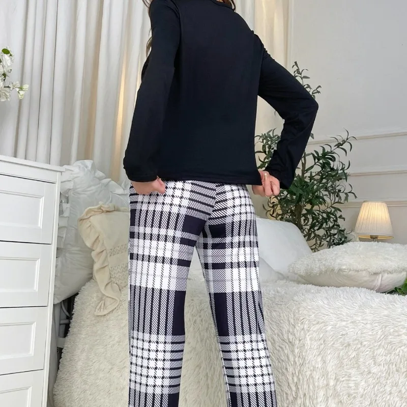 Pajama Set Women's European and American Loungewear Love Plaid Printing Long-sleeved Top and Trousers