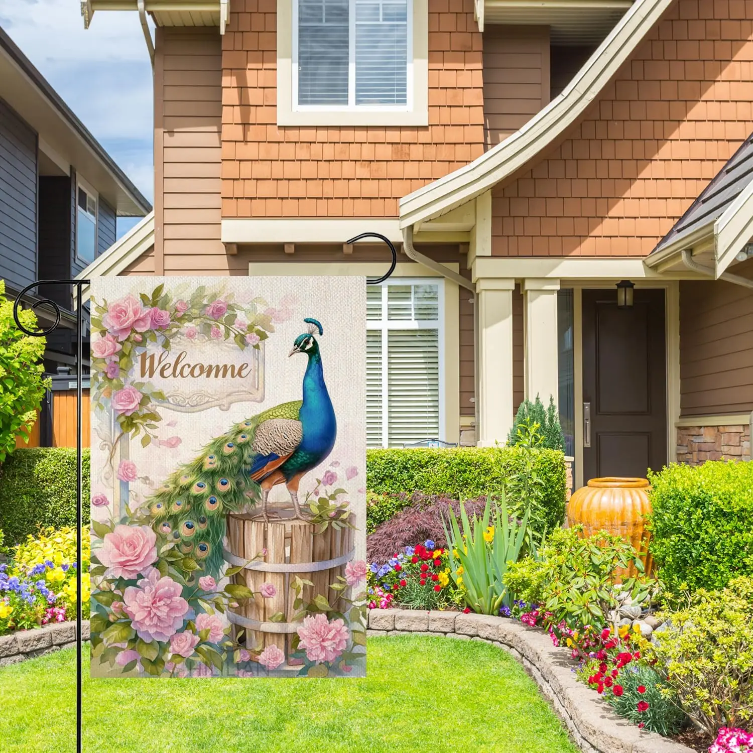 Welcome Spring Peacock-Garden Flag Double Sided 12x18 Inch Yard Flag Festival Polyester Decorative Home Farmhouse Patio Pink yyi
