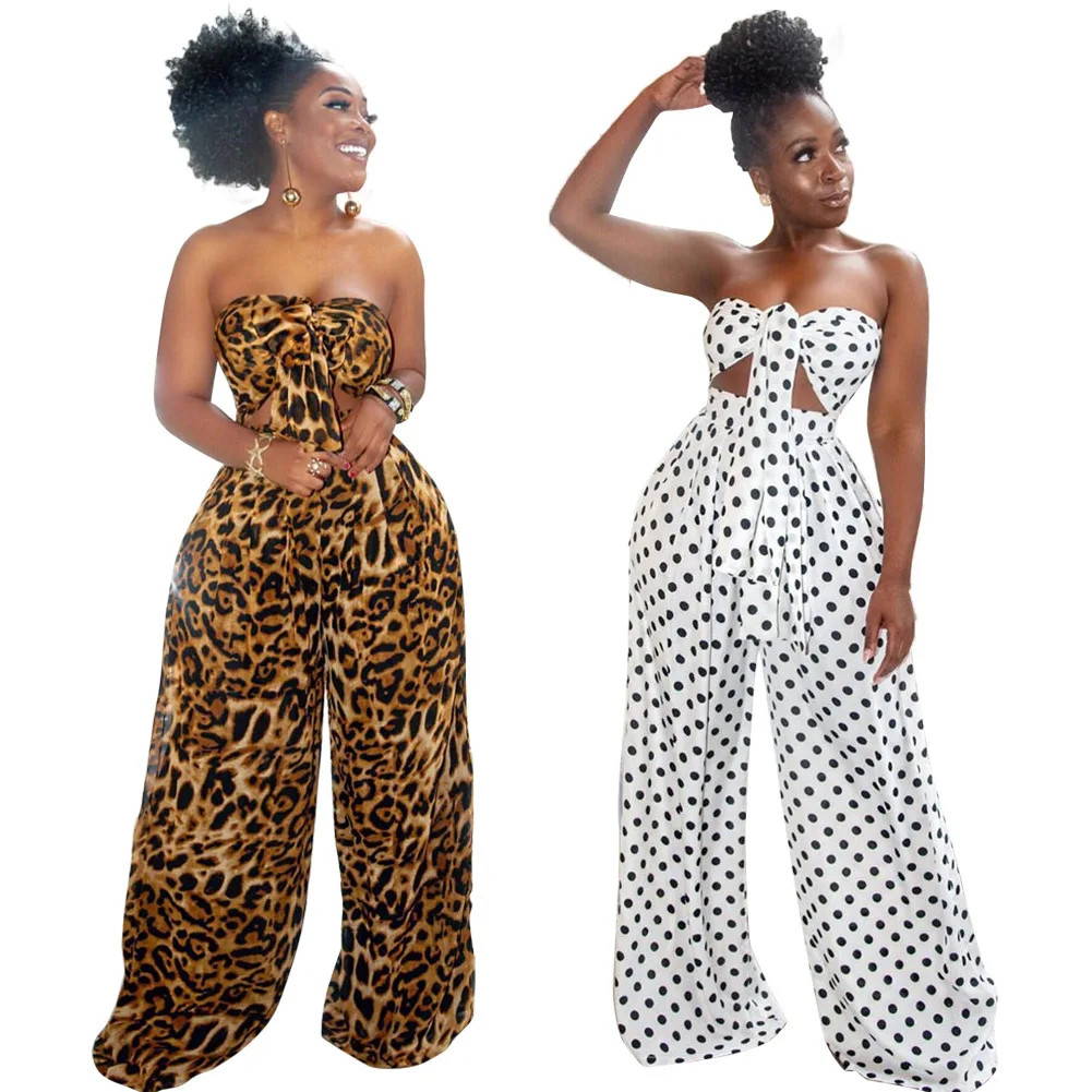 Prowow Fashion Wide Leg Pant Two Piece Women Clothing Set Strapless Tops Summer Female Suits Dot Print New Design Streetwear