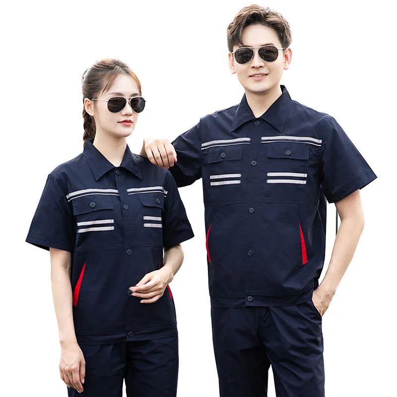 Summer pure cotton short sleeve workwear set for men thin breathable  Hi Vis safety work coveralls sweat absorbing auto repair