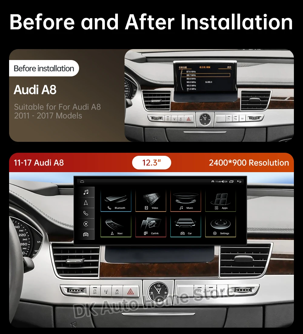 Android 16 Car Wireless Auto For Audi A8 2011 - 2017 QLED Touch Screen Carplay GPS Navigation Bluetooth Tools Split Screen DSP