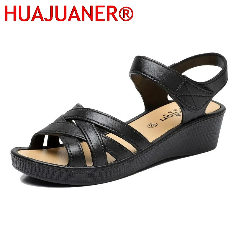 

Mother Sandals Summer Soft Soled Middle-aged and Elderly Non-slip Work Shoes 4cm Wedges Flat Grandma Shoes To Wear Outside