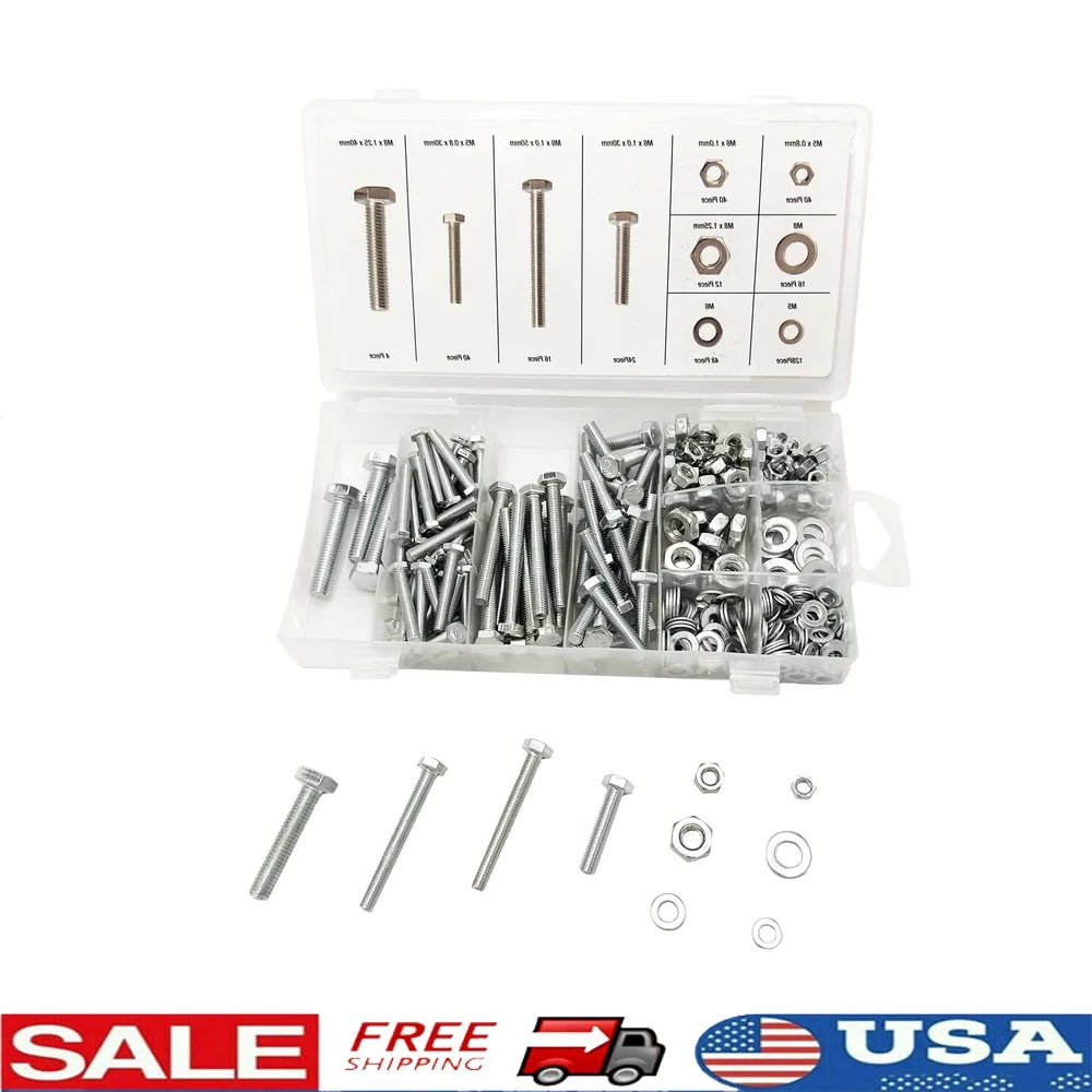 

368 Piece Zinc Plated Nut Washer Hex Bolt Set with Tough Case M5 M6 M8 Fasteners Home Garage Electronic Use