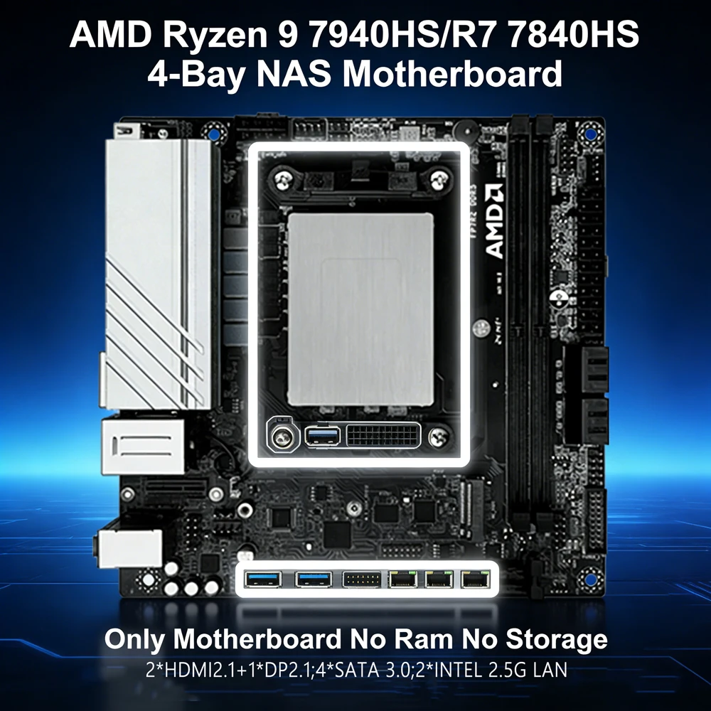 AMD Ryzen R9 8945HS 7940HS R7 8745HS 7840HS Nas Motherboard /Mini-ITX/2*Intel 2.5GbE LAN/2*HDMI 2.1+1*DP2.1 3 Display Interfaces
