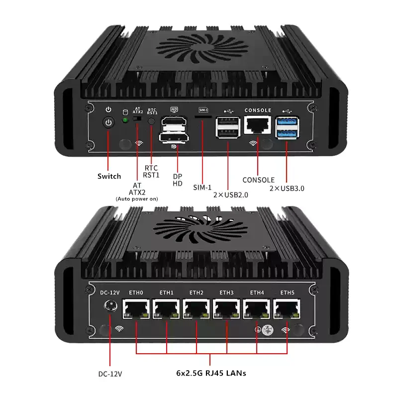 6x Intel i226‑V 2.5G LAN Firewall Mini PC Intel N150 J6412 Metal Industrial Computer PC With Fan COM DDR4 M.2 SSD Home Server