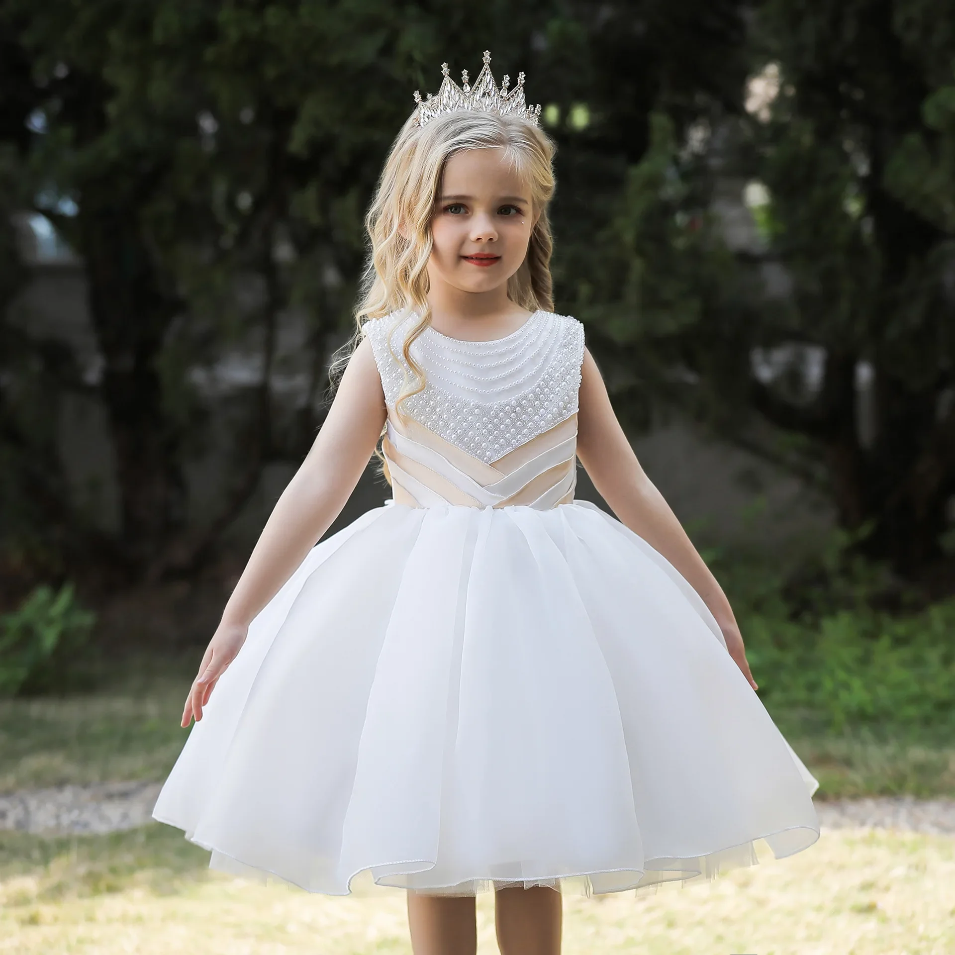 Summer Girls Beading Princess Party Dress For Kids Girl Wedding Bridesmaid Costumes Elegant Birthday Prom Gown Children Clothes