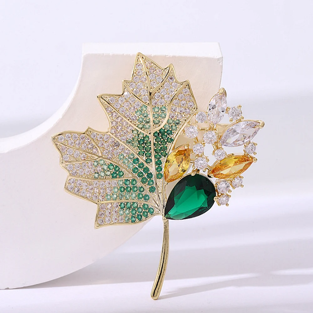 Luxury Maple Leaf Brooch High-end Full Rhinestone Plant Pins For Women Suit Coat Sweater Accessories Party Jewelry Gift