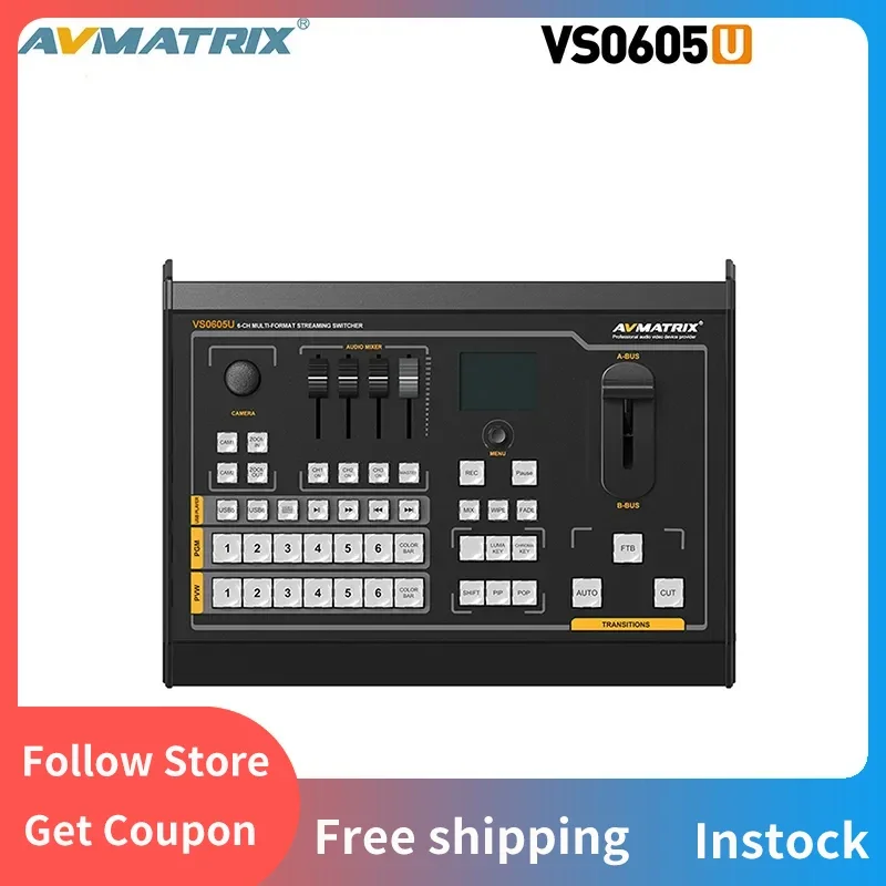 

Avmatrix VS0605U 6 CH Inputs Multi-Format Streaming Switcher With PiP&PoP mode, Audio Mixer Chroma/Luma Key, Record PGM