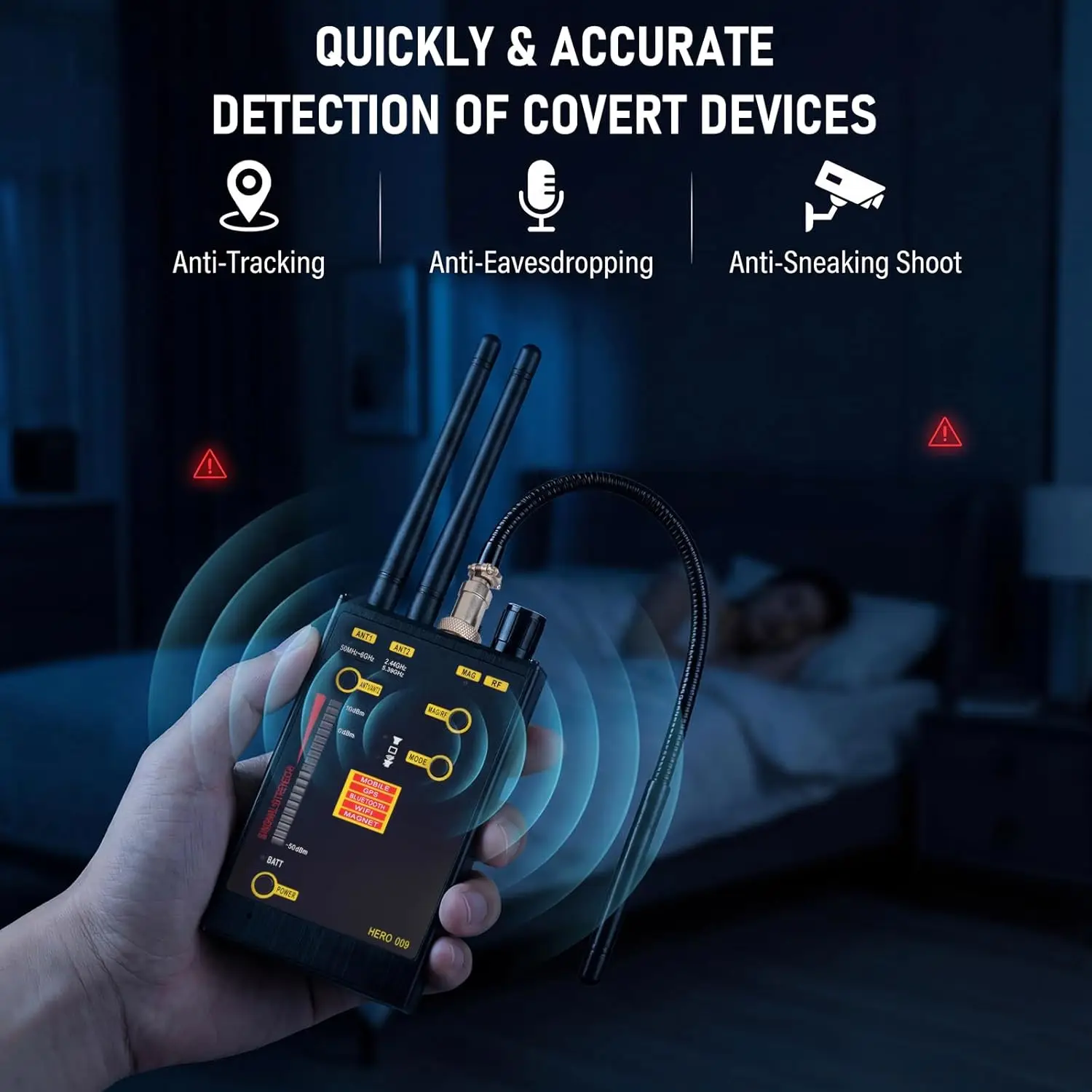 Hidden Camera Detection, Hero-009 RF Bug Finder, 5GHz Accurate WiFi Signal Scanner Portable Privacy Protection for Hotel Travel