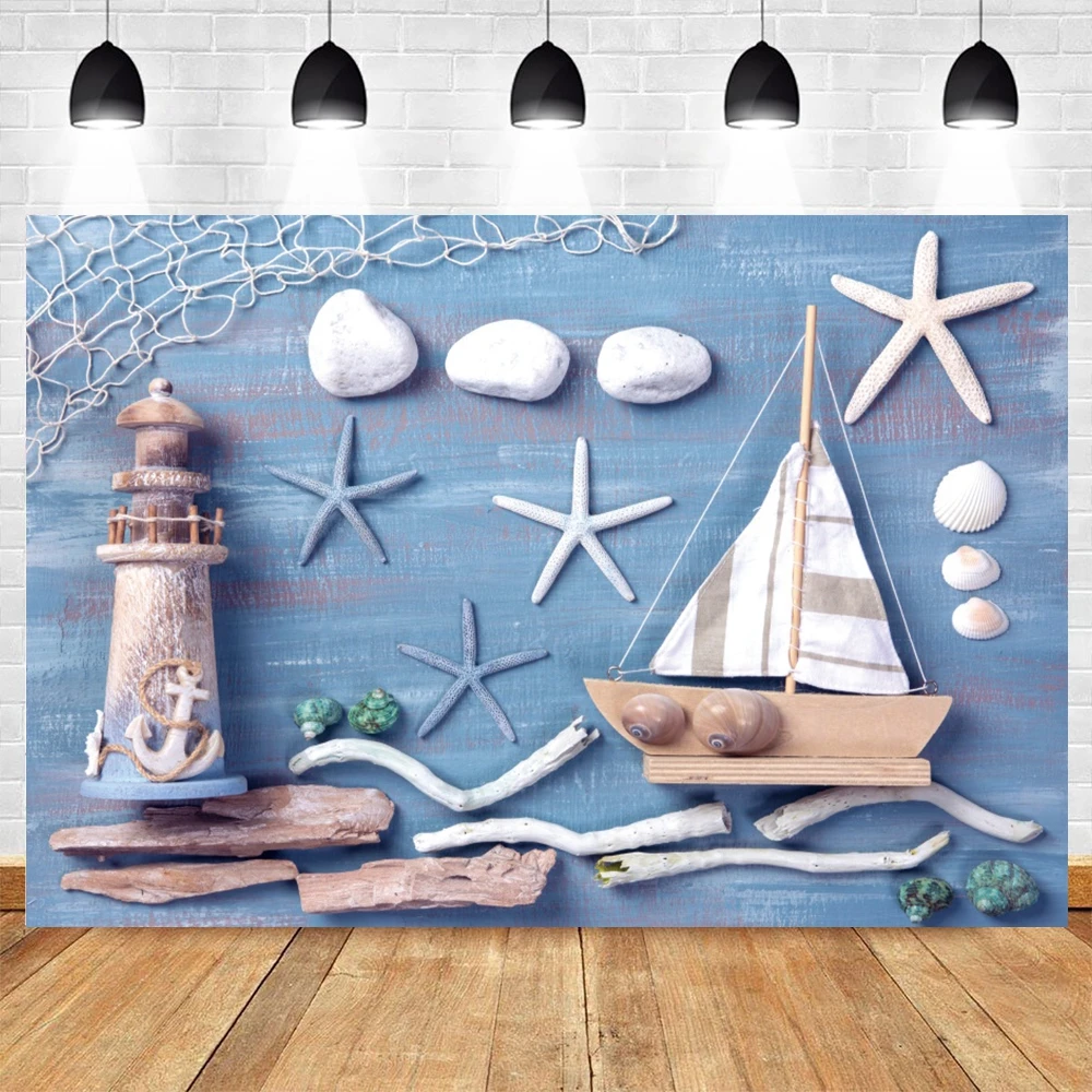 Nautical Rudder Starfish Sea Theme Backdrop Baby Birthday Portrait Photography Wooden Board Splint Sailor Cake Smash Background