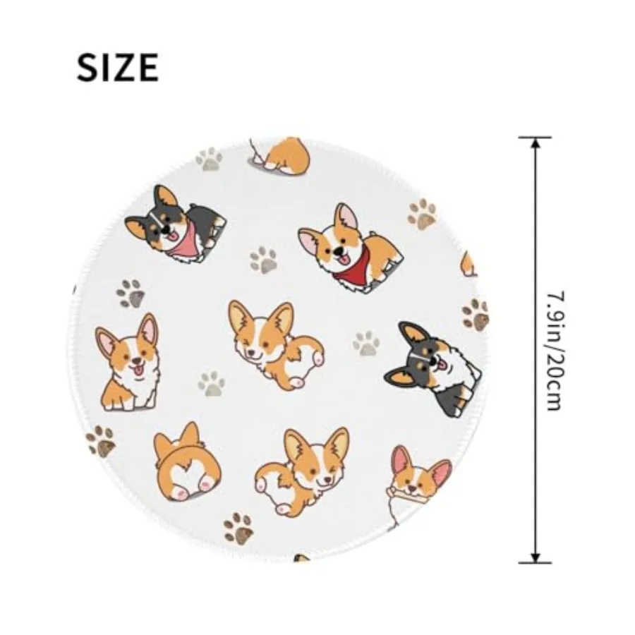 Kawaii Corgi Dog Round Mouse Pad Small Gaming Mousepad Desk Mat Stitched Edges 8 X 8 Inch for Home Office