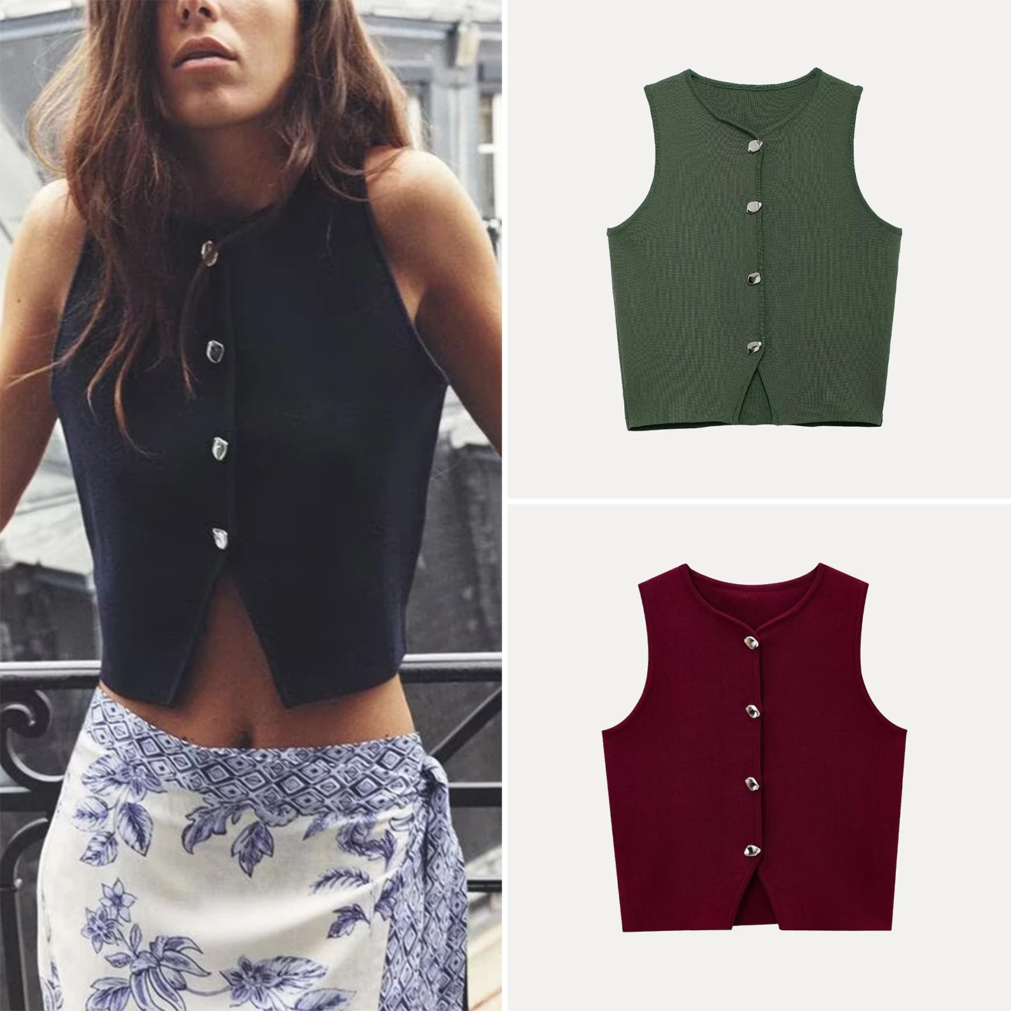 

Новинка лета 202, модный женский вязаный топ с простой строчкой, круглый цвет, застежка на одной пуговице, полиэфирное волокно