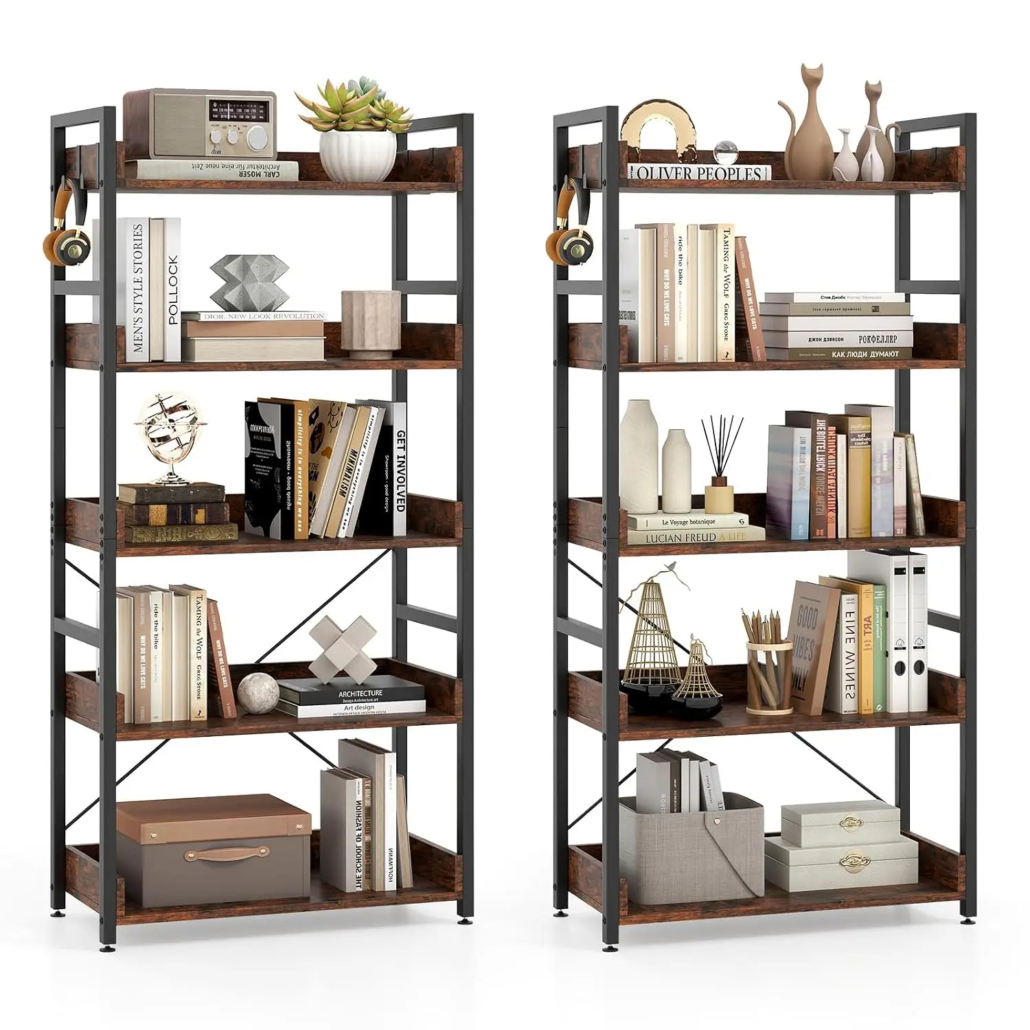 5-Tier Bookshelf Set Of 2 With 4 Hooks, Industrial Bookcase, Freestanding Shelf With Anti-Tip Device & Adjustable , Customized