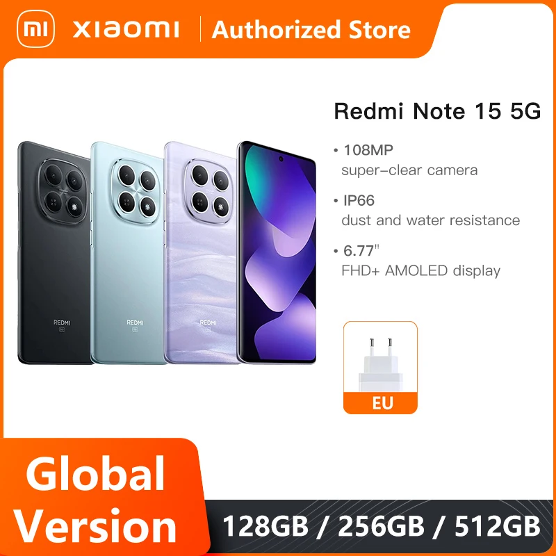 Mobile Phones Xiaomi Redmi Note 15 5G Global Version Snapdragon® 6 Gen3 Smartphone 6.77' AMOLED Display 108MP Main Camera