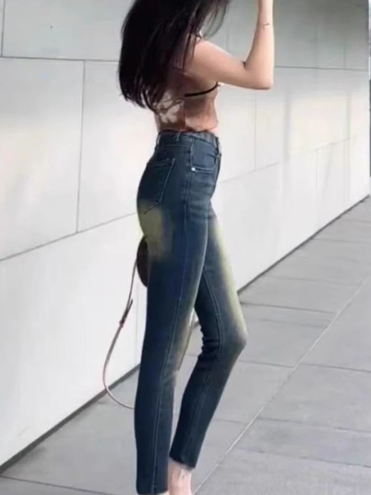 Retro High Waist Denim Jeans Women's Slim Fit Stretchy Tight Pants Big Hips Small Foot Casual Cotton Stretchy Blue Jeans