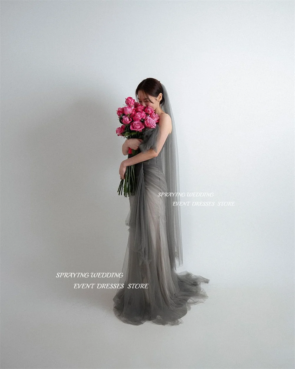رش بسيط واحد الكتف الطية كوريا فساتين الزفاف طويلة حورية البحر البوق تول زي العرائس مشد صورة تبادل لاطلاق النار ستناء #5