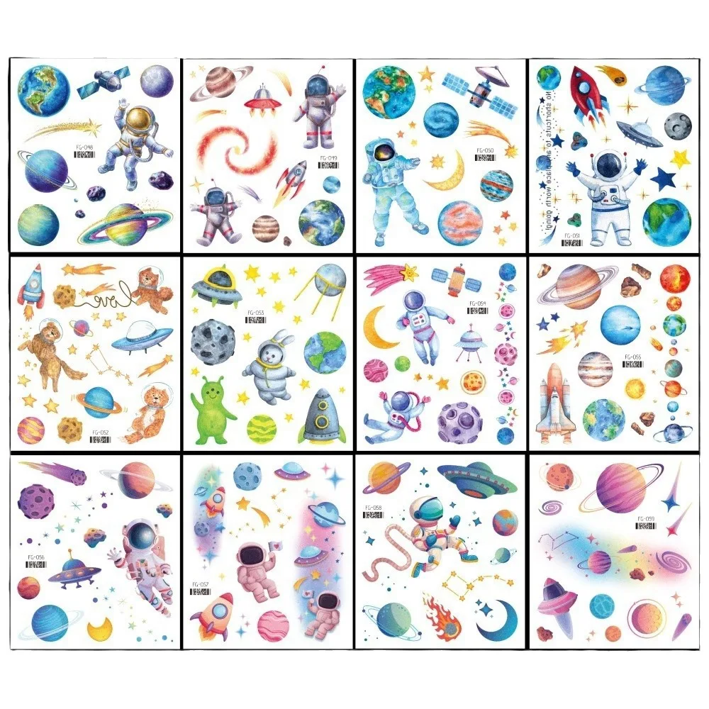 12 Sheets Glitter Galaxy Outer Space Astronaut Theme Temporary Tattoos for Kids Birthday Party Favors Baby Shower Pinata Fillers