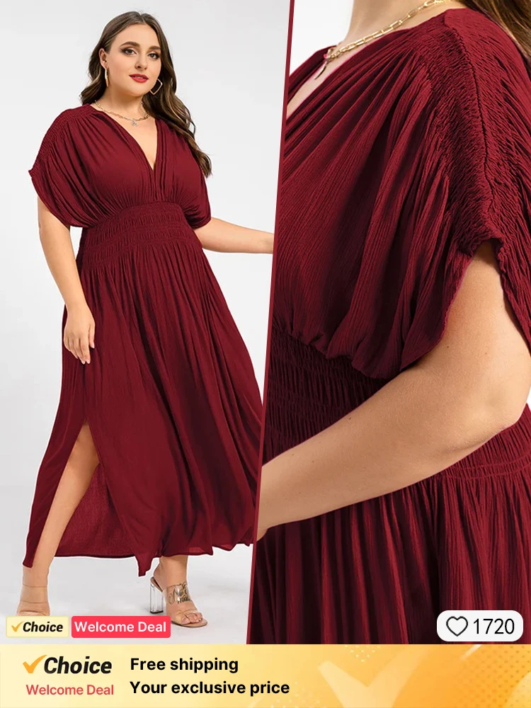 

Summer new plus size women's dress fashionable V-neck red sexy dance party evening dress casual vacation pleated chiffon dress