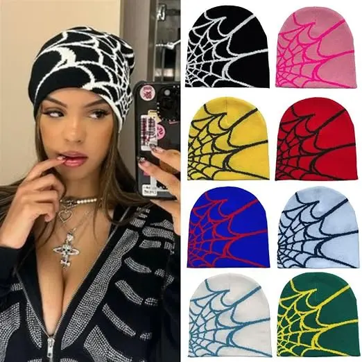 Street Style Knitting Spider Web Design Hat for Men Women Pullover Pile Cap Y2k Goth Warm Beanie Hats New Hip-hop Gothic Cap