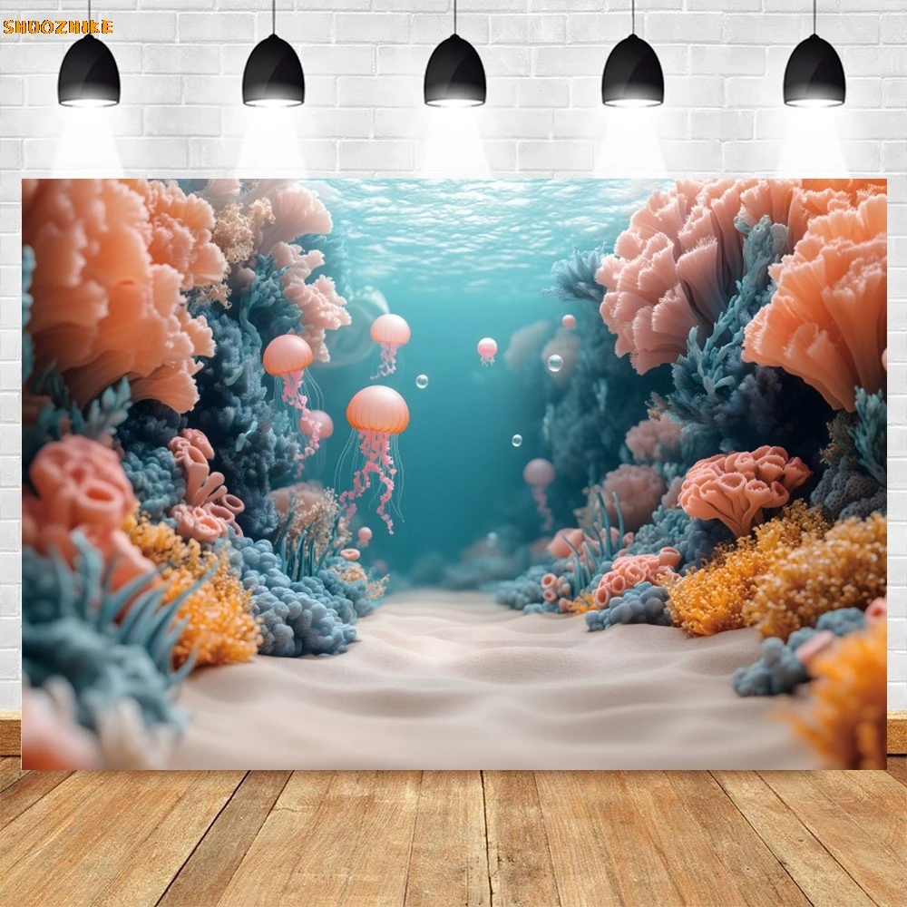 Underwater World Backdrop Photography Ocean Undersea Jellyfish Coral Little Mermaid Girls Birthday Party Decoration Background