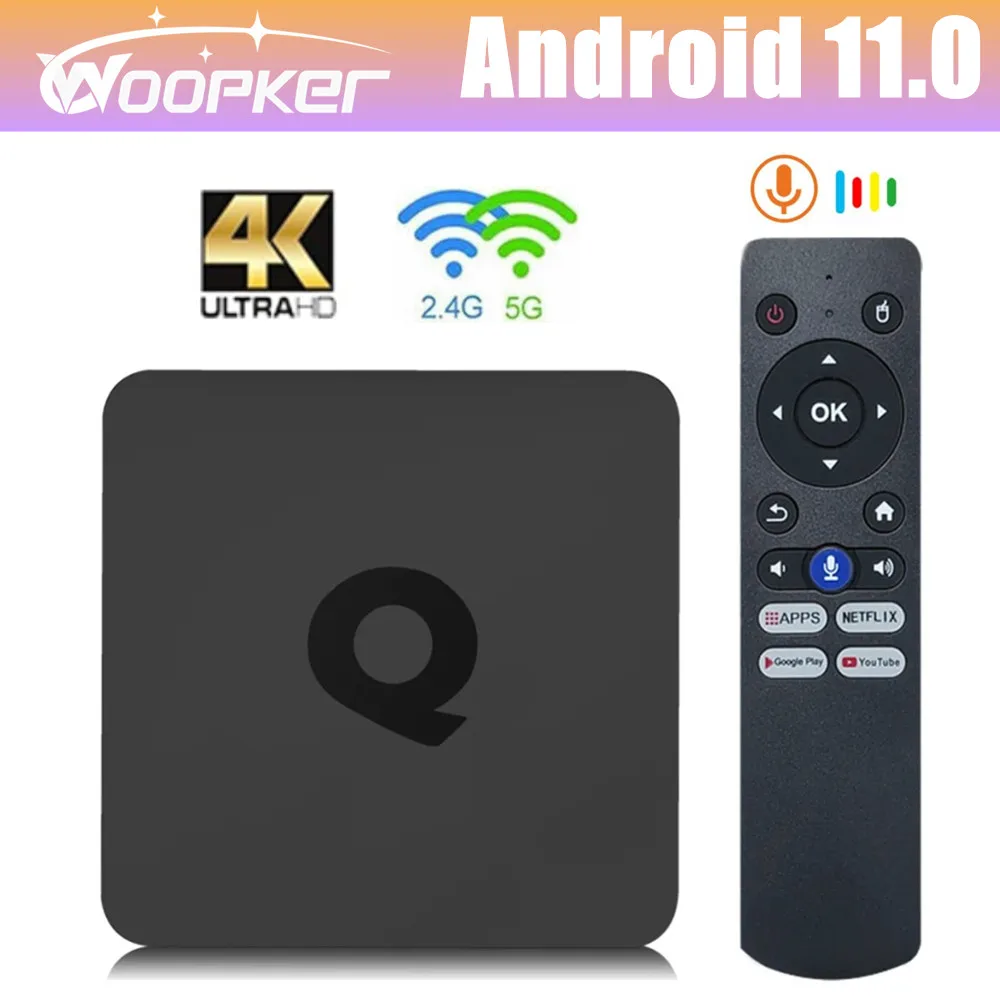 Woopker 구글 보이스 듀얼 와이파이 BT 스마트 TV 박스, Q1 안드로이드 TV, 안드로이드 10, ATV Allwinner H313, 2GB, 8GB, 16GB, 지지대, 4K