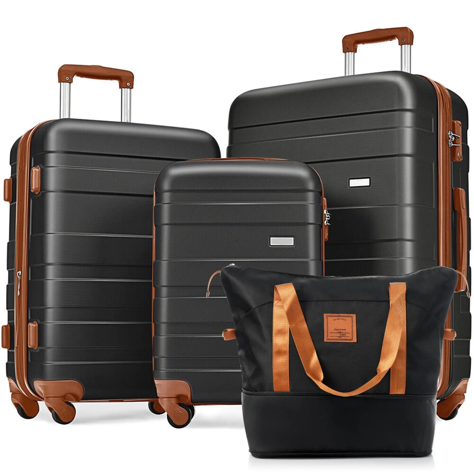 4-Piece Expandable Luggage Set - Durable ABS Suitcases with Travel Bag & 360° Spinner Wheels in Black/Brown