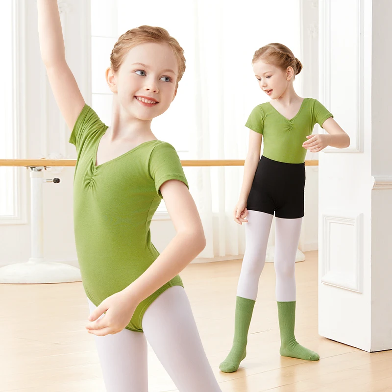 ชุดบอดี้สูทบัลเลต์สำหรับเด็กผู้หญิง ชุดยิมนาสติก ชุดเต้นรำ ผ้าฝ้าย แขนสั้น/แขนยาว ชุดเต้นรำ ชุดบอดี้สูทบัลเลต์สำหรับการเต้น