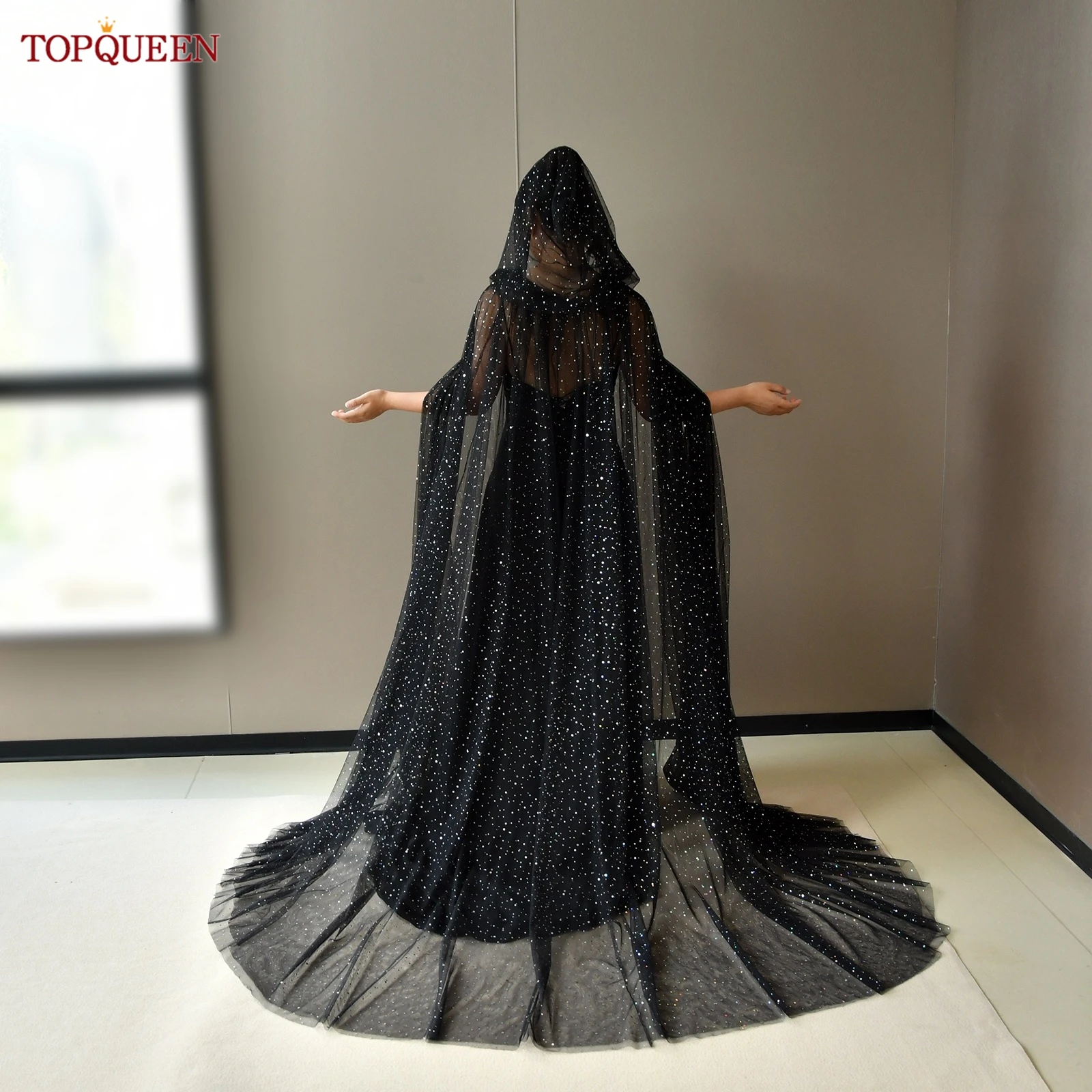 

TOPQUEEN Women'S Long Shawl With Sequin Cape Blingbling Double Layer Bridal Dress Shawl Halloween Gift Customizable Vg127