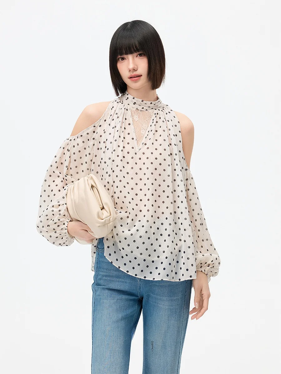 

Romantic Sweet Polka Dot Lace Shoulder Bared Top Ayemorrey Vintage Famous Lady Style Spring Collection Women's Loose Fit Shirt