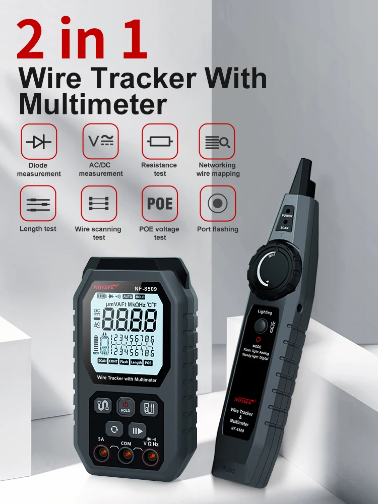 NOYAFA NF-8509 2 in 1 Network Cable Tester Detect Length Digital Multimeter Cable Tracker Cat5 Cat6 PoE Tester Continuity Test