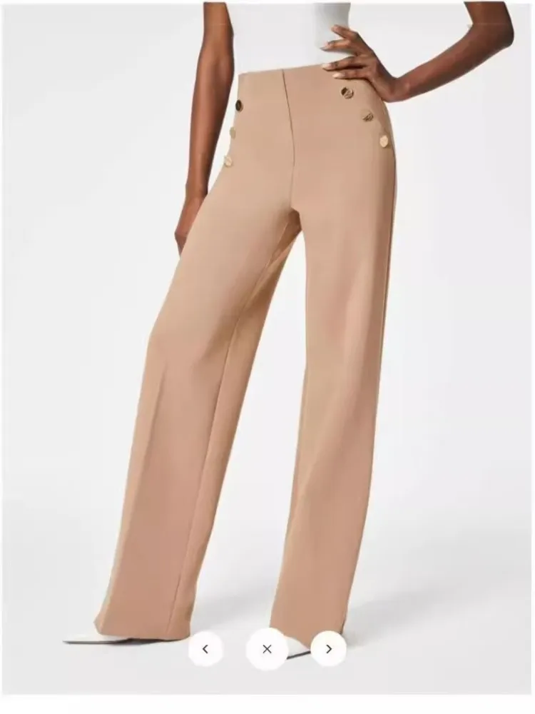 Women Spring Elegant Straight Leg Pants Solid Nude Formal Party Trousers Womans High Cut Elastic Waist Buttons Suit Pants New
