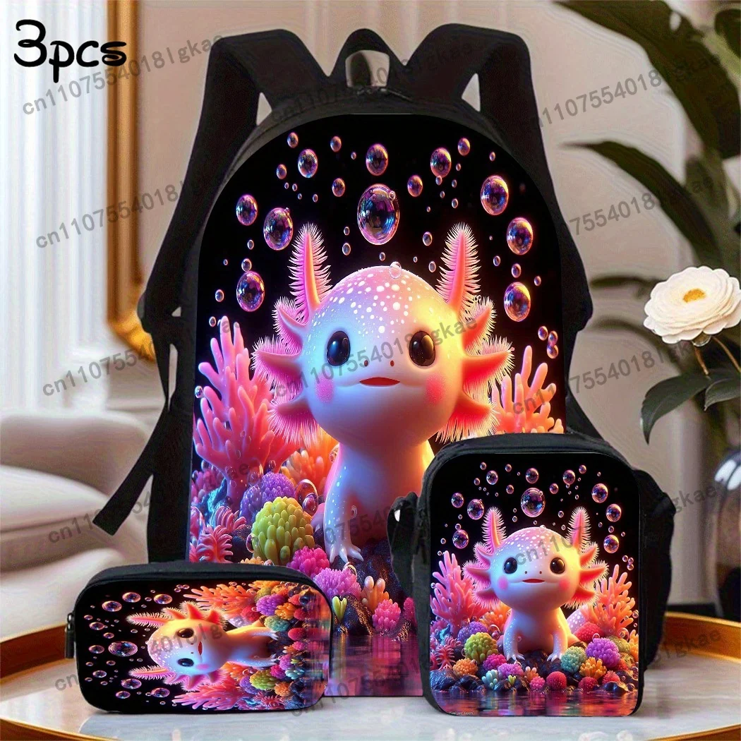 3pcs Summer essentials Fascinating Axolotls Backpack Set Includes a Large Capacity Backpack, a Pencil Case And a Zippered Lunch