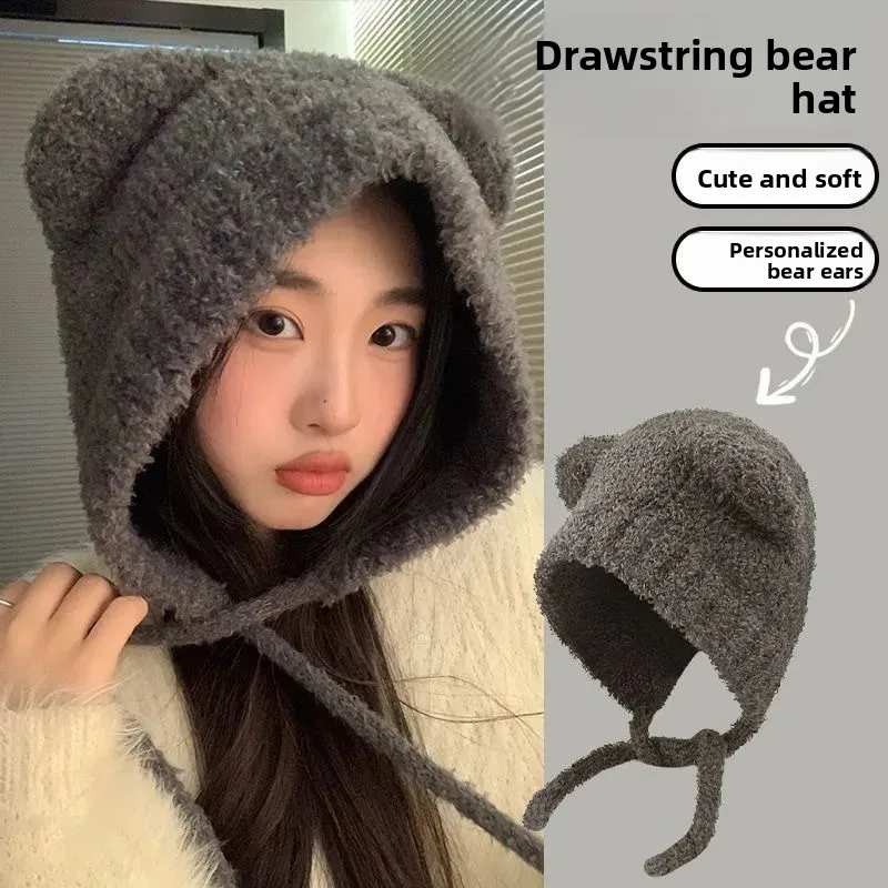 Hearing Protection Plush Knit Earflap Beanie Hat Cute Bear Pattern Warm Protective Headwear for Women Autumn Winter Large Head