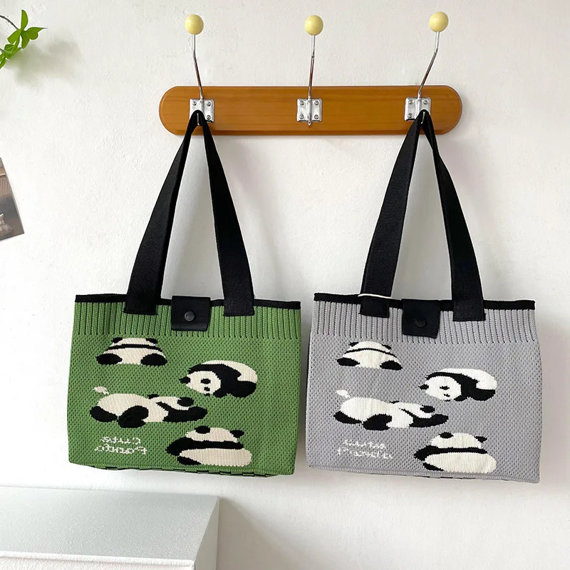 Fashion Cute Panda Pattern Knitted Shopping Bag Large Student Shoulder Bag Tote Bags Handmade Crochet Large Capacity Handbag