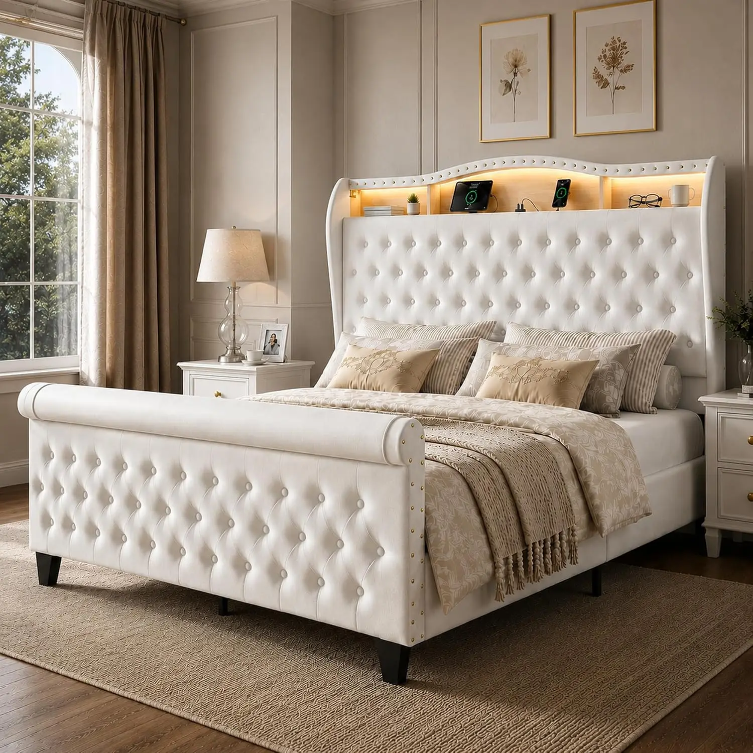 King Bed Frame Lighted Storage Headboard Charging Station Velvet Tufted Wingback Platform No Box Spring, Customized