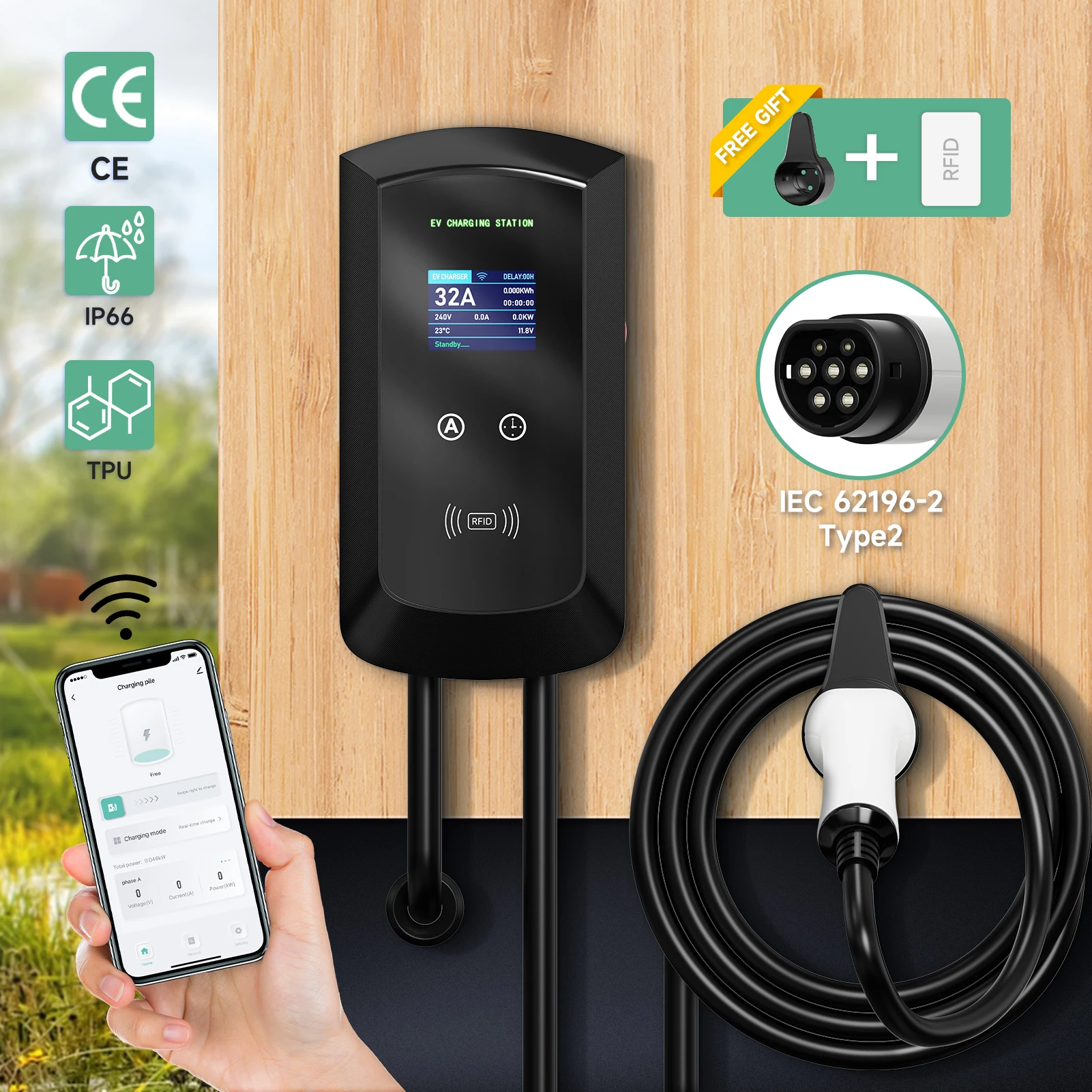 EV Charging Station 32A Electric Vehicle Car Charger EVSE Wallbox Wallmount 7.6/11/22KW Type2 Cable IEC62196 APP Control