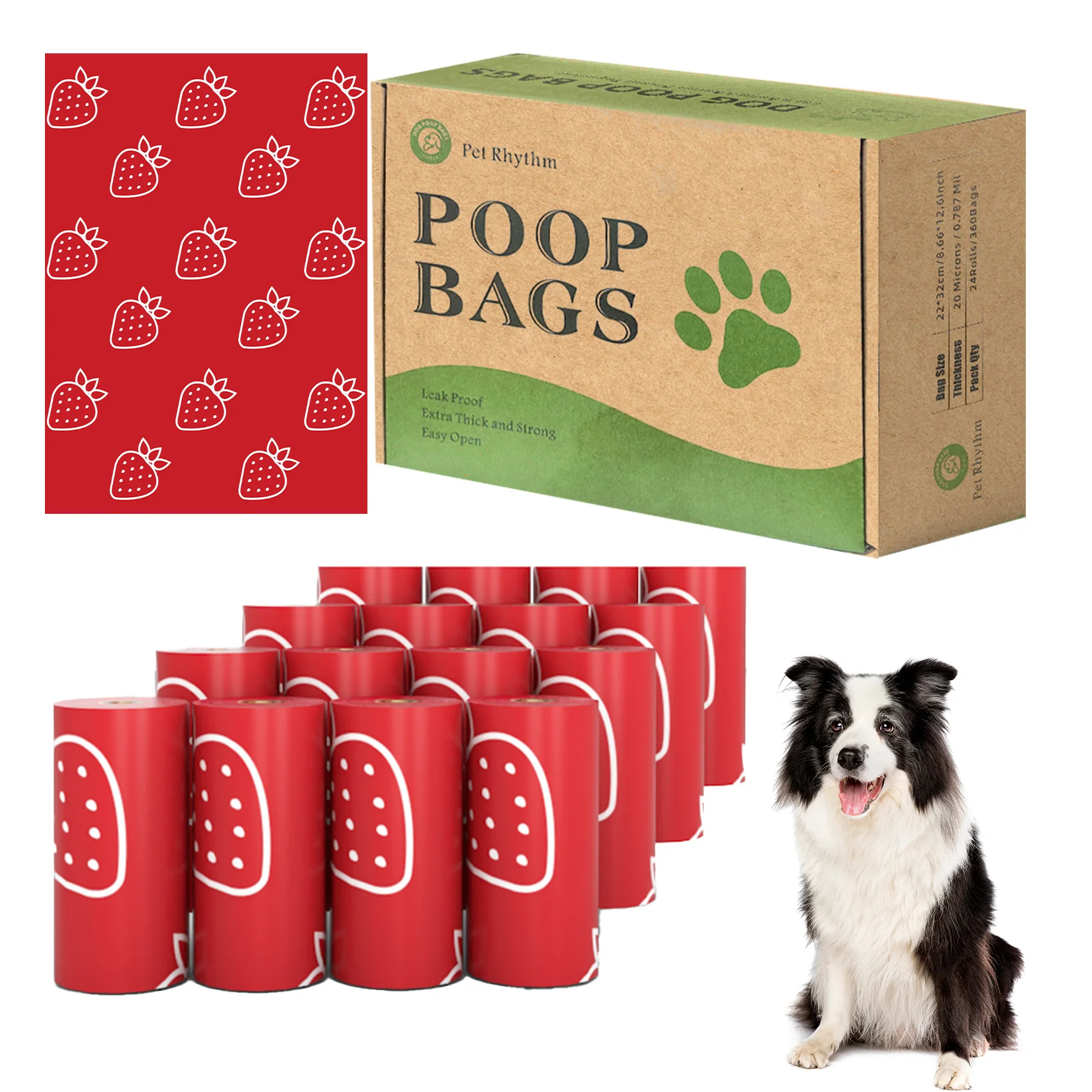 Bolsa fotodegradable para excrementos de perros con fragancia de fresa, bolsa de basura pequeña, bolsa gruesa para heces de mascotas con dispensador