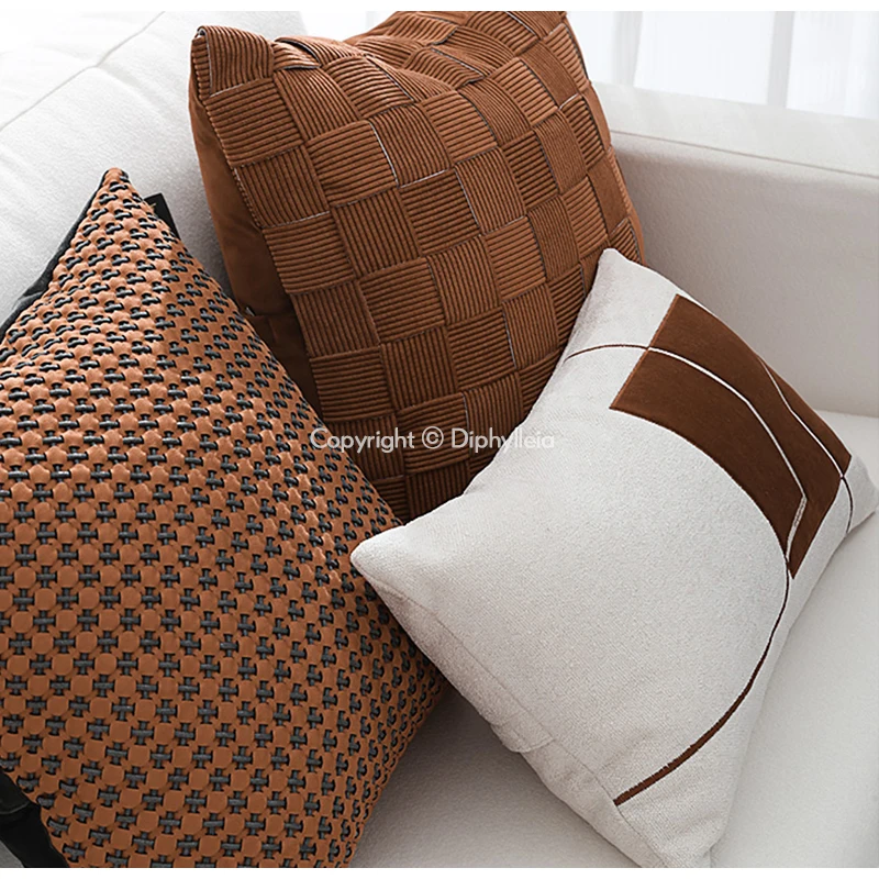 Diphylleia H Style Orange Gray Premium Faux Leather Hand Woven Throw Cushion Pillow Cover Modern Luxury Pillowcase For Couch Bed