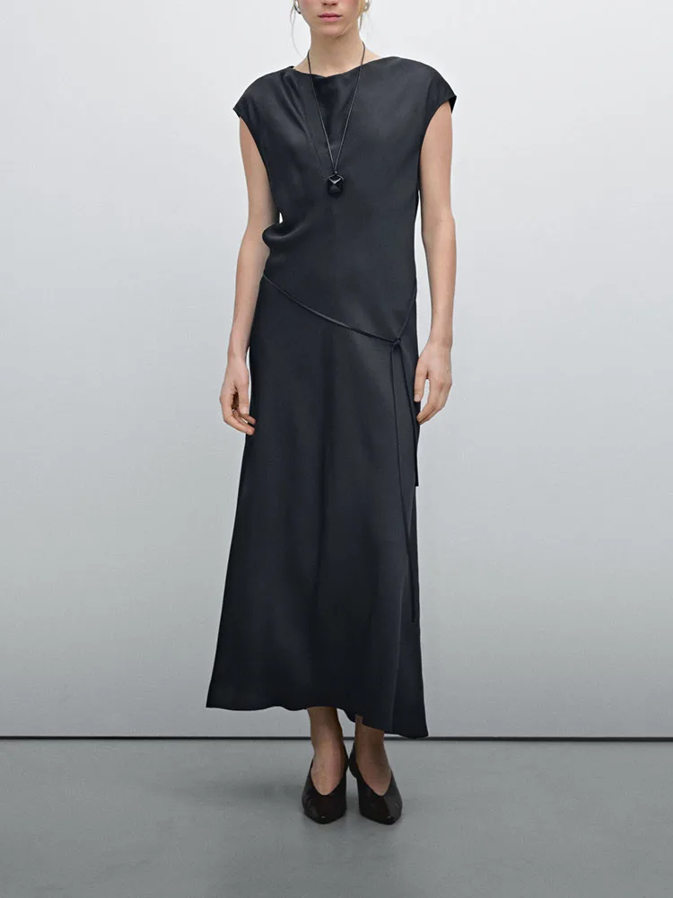 Robe longue en Satin pour femmes, dr dr dr drapée, haut de gamme, ort Sve, ligne a, couchée à la taille, ronde Ne, nouvelle collection été