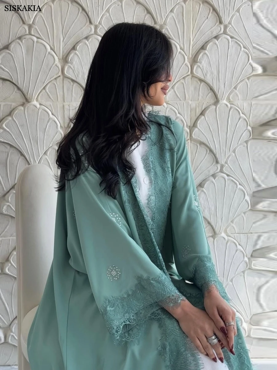 Siskakia جديد جبر الدانتيل يزين فستان موضة الصلبة عباية مفتوحة المغربي مسلم ملابس حريمي أنيقة
