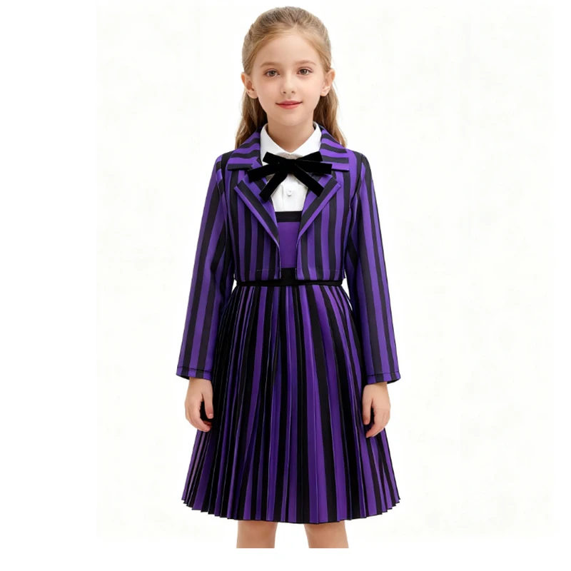 

Новый детский костюм на Хэллоуин из фильма, платье принцессы в фиолетовую полоску + пальто, комплекты из 2 предметов для детей, карнавальное платье для дня рождения