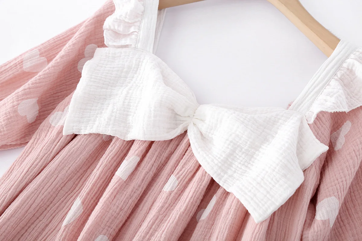 New Summer Long Dress Ladies Short Sleeve Nightdress 100% Cotton Crepe Loose Home Cute Bow Love Dress Home Skirt sleepwear women