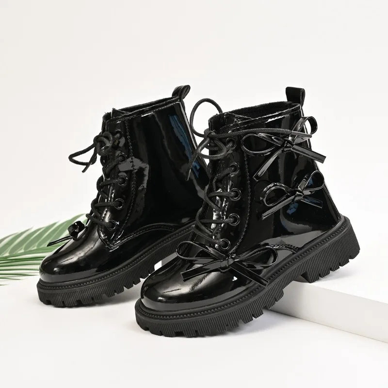 

Girls Short Boots Korean Style Kids Leather Boots Sweet Bows Casual 2025 New Fashion Children Ankle Boots Soft Bottom Non-slip