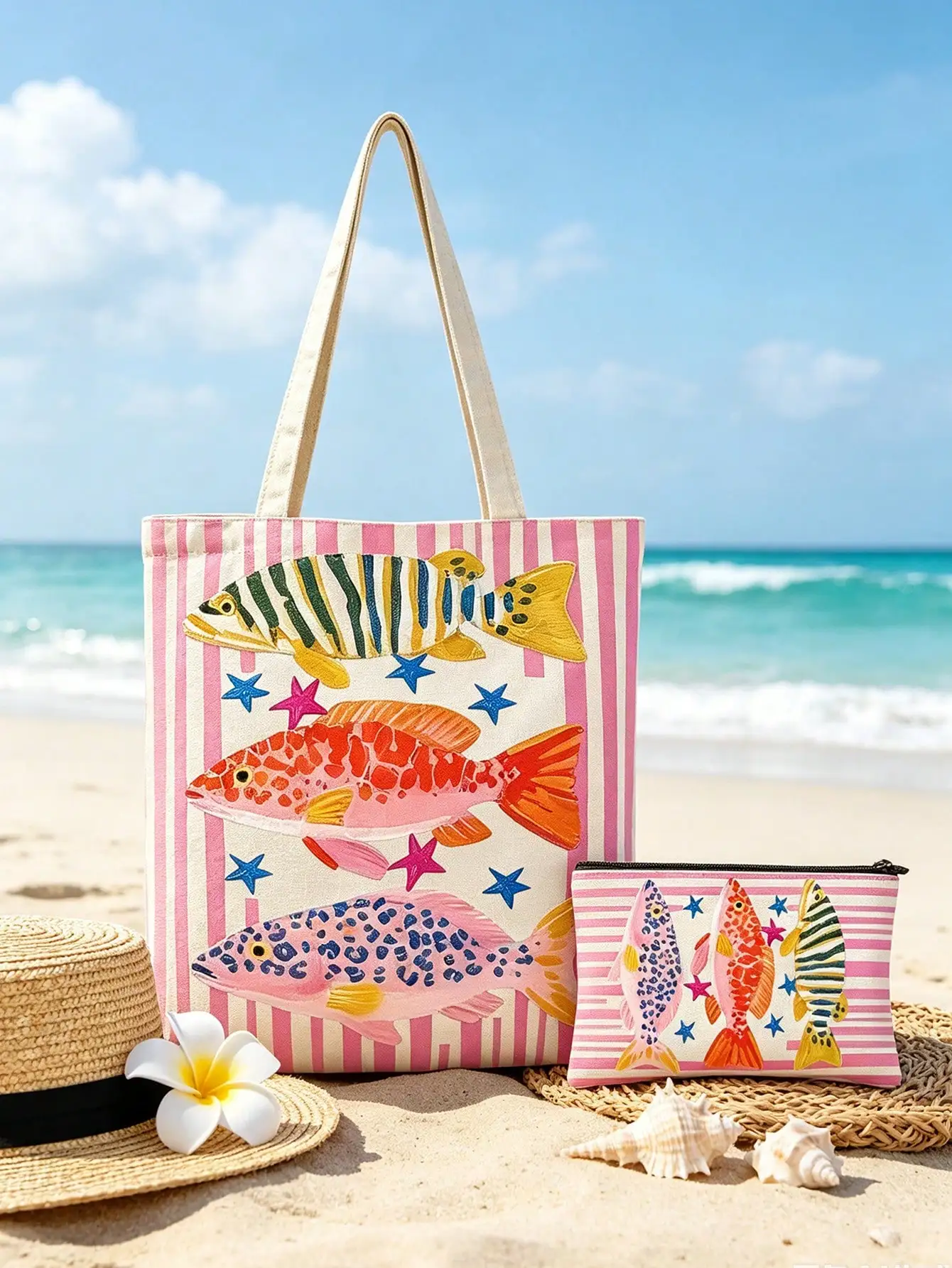 Reusable Tote Shopping Bag Handbag Makeup Bag Set Colorful Minimalist Pink Green Striped Sardine Fashion Travel Shopping Bag