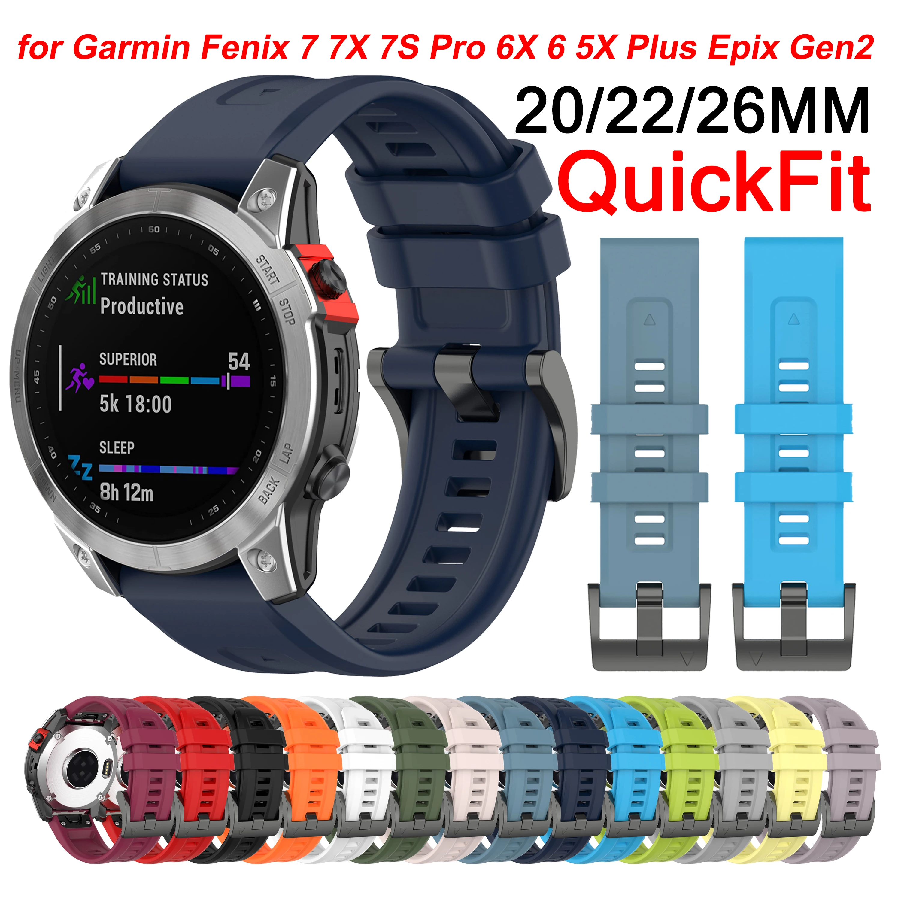 20 22 26mm Silicone QuickFit Strap for Garmin Fenix 7X 7 7S Pro 6X Pro 6 6S 5S 5 5S Plus D2 MK2 945 965 Epix Gen2 Watch Bracelet