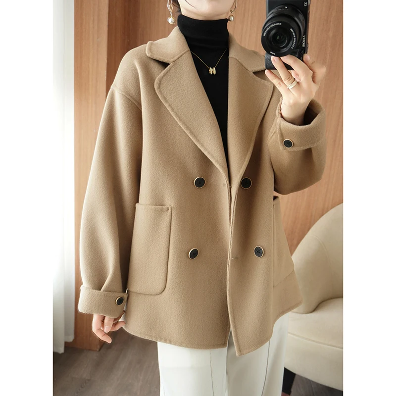 23 Autumn Winter New Double Sided Woolen Coat Women's V-Neck 100% Pure Wool Loose Solid Pocket Thickened Fashion Style Wool Coat