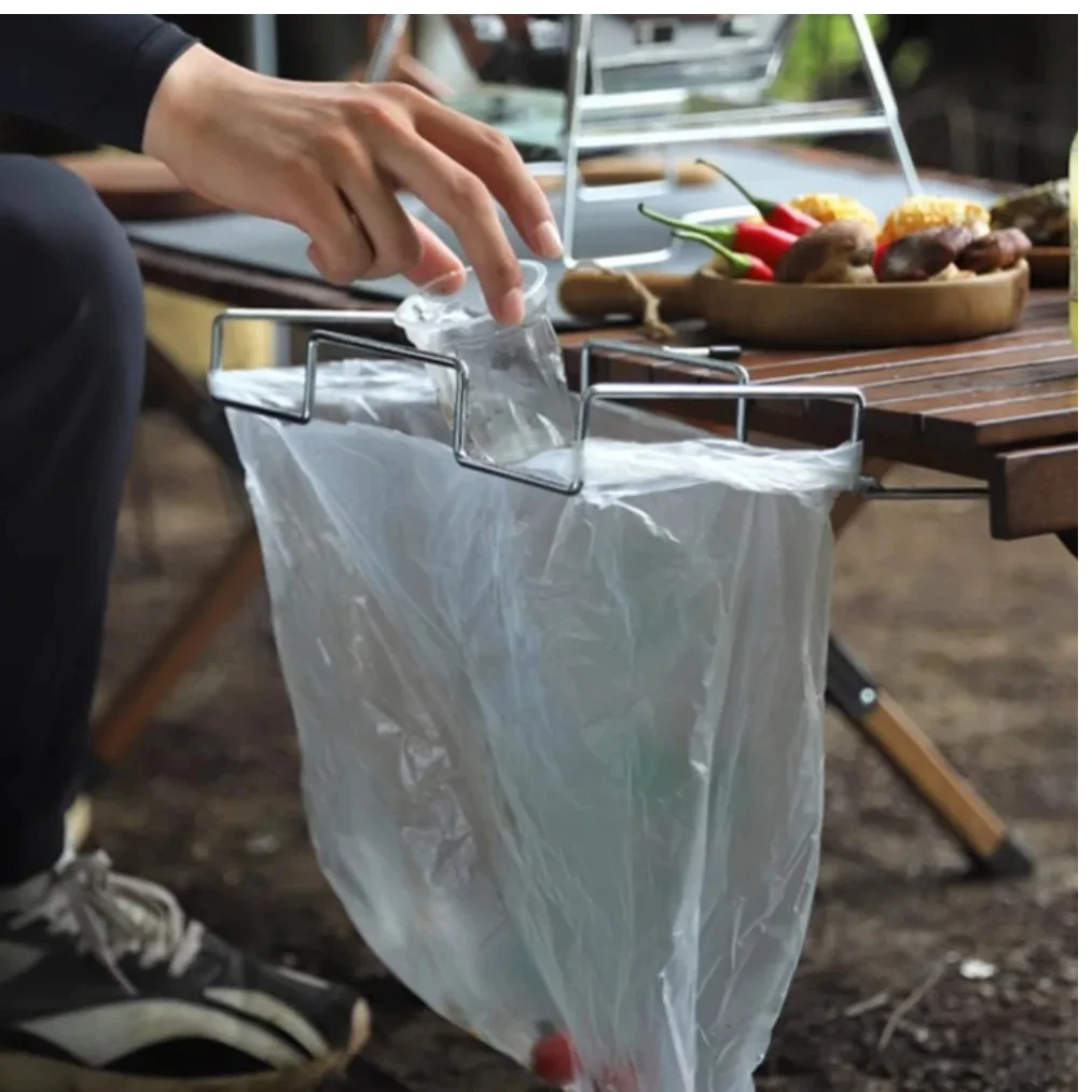 Portable Stainless Steel Camping Trash Holder - Foldable Table Stand for Picnic, BBQ & Outdoor, Eco-Friendly Garbage Bag Rack
