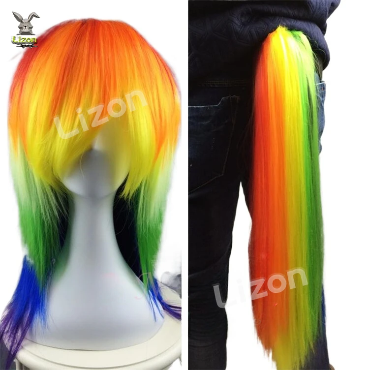 Rainbow Dash Little Pony Anime Cosplay Prop Rainbow High Ponytail Wig Cute Girl Hair Women Halloween Comic Roleplay